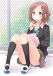  brown_eyes brown_hair chain-link_fence fence fujimiya_kaori hair_bun hyuuga_azuri isshuukan_friends kneehighs mechanical_pencil notebook pencil school_uniform shoes short_hair sitting skirt smile solo sweater uwabaki 