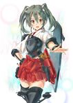  :o brown_eyes grey_hair hand_on_hip japanese_clothes kantai_collection kotarou_(rakugaki_shirushi) looking_at_viewer muneate open_mouth outstretched_hand pleated_skirt red_skirt skirt solo thighhighs twintails v-shaped_eyebrows zettai_ryouiki zuikaku_(kantai_collection) 
