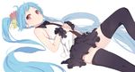  bare_shoulders black_legwear black_skirt blue_hair flower hair_flower hair_ornament hands_on_own_stomach hatsune_miku kojiki-life long_hair looking_at_viewer red_eyes simple_background skirt sleeveless solo thighhighs twintails very_long_hair vocaloid white_background zettai_ryouiki 