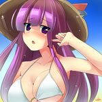  absurdres artist_name bikini blue_sky blush breasts cleavage collarbone hat highres large_breasts long_hair looking_at_viewer miton_(turuyasann) open_mouth patchouli_knowledge purple_eyes purple_hair signature sky solo strap_pull straw_hat string_bikini swimsuit touhou upper_body white_bikini 