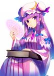  banned_artist blue_ribbon book crescent crescent_hair_ornament hair_ornament hair_ribbon hat hat_ribbon long_hair magic_circle patchouli_knowledge purple_eyes purple_hair red_ribbon ribbon simple_background sitting solo striped touhou white_background yusano 