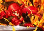  angry armor blair_(pffk) commentary_request fire flame hair_ornament hairclip long_hair looking_at_viewer pixiv_fantasia pixiv_fantasia_fallen_kings red_eyes red_hair shanpao shield slit_pupils sword weapon 