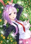  animal_ears arms_up blazer blush bunny bunny_ears duplicate extra_ears grass jacket kyon_(fuuran) long_hair lying necktie on_back open_mouth purple_hair red_eyes red_neckwear reisen_udongein_inaba skirt smile solo touhou 