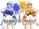  alternate_color blue_eyes blue_hair dress dual_persona grin ikamusume long_hair multiple_girls onirice_akaichi orange_eyes orange_hair parody shinryaku!_ikamusume smile splatoon_(series) splatoon_1 super_soaker tentacle_hair white_dress 