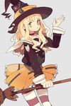  bad_id bad_pixiv_id blonde_hair broom buttons earrings frilled_skirt frills green_eyes grey_background hat highres jewelry long_hair long_sleeves original pantyhose pikaro sailor_collar simple_background skirt skull skull_earrings striped striped_legwear witch witch_hat yellow_skirt zipper 