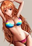  arms_up bikini breasts brown_background brown_eyes brown_hair cleavage large_breasts long_hair multicolored multicolored_stripes nami_(one_piece) nannacy7 one_piece one_piece_film_z side-tie_bikini simple_background smile solo striped striped_bikini swimsuit 
