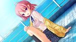  akino_subaru bra fujikawa_runa game_cg hatsukoi_1/1 pink_hair purple_eyes see_through seifuku short_hair tears underwear wet 