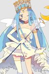  bad_id bad_pixiv_id blue_eyes blue_hair crescent crescent_earrings crown earrings grey_background highres jewelry long_hair midriff one_eye_closed original pikaro simple_background single_thighhigh smile solo star star_earrings thighhighs very_long_hair wings 
