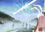  animal_ears banner broom broom_riding bunny_ears commentary field flag flying fog highres kirisame_marisa long_hair master_spark medicine_box medicine_seller mountain multiple_girls purple_hair reisen_udongein_inaba sakana_(packetsjp) shameimaru_aya touhou tree very_long_hair 