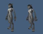  anthro black_hair blue_background breasts canine claws female fur grey_fur hair mammal model naturally_censored nude plain_background standing toe_claws video_games warcraft were werewolf worgen world_of_warcraft 