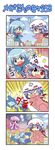 &gt;_o 3girls 4koma :d alternate_costume anger_vein angry aqua_hair attack backdrop bat_wings blue_bow blue_eyes bow cirno city clenched_hands cloud colonel_aki comic commentary cosplay crescent dinosaur_costume flying_sweatdrops gloves godzilla godzilla_(cosplay) godzilla_(series) hair_bow hair_ornament hair_ribbon hat head_bump hitting holding ice ice_wings long_hair megaphone mob_cap multiple_girls on_ground one_eye_closed open_mouth parody patchouli_knowledge purple_hair red_eyes remilia_scarlet ribbon scarf short_hair silent_comic sky smack smile standing sweat sweatdrop touhou translated trembling triangle_mouth v-shaped_eyebrows very_long_hair wavy_mouth wings 