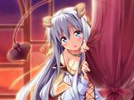  curtains demon_tail erect! game_cg horns long_hair lunastia_asteel piromizu solo tail white_hair 