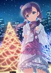  christmas_lights christmas_tree cityscape detached_sleeves dress dutch_angle fur_trim green_eyes hat hyuuga_azuri long_hair love_live! love_live!_school_idol_project low_twintails mini_hat mini_top_hat pom_pom_(clothes) purple_hair sky snow_halation snowing solo top_hat toujou_nozomi twintails winter_clothes 