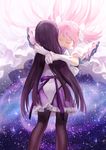  akemi_homura black_hair black_legwear bow closed_eyes dress gloves hair_bow hug kaname_madoka long_hair magical_girl mahou_shoujo_madoka_magica multiple_girls pantyhose pink_hair purple_eyes smile spoilers star_(sky) two_side_up ultimate_madoka very_long_hair white_dress white_gloves y_in yuri 