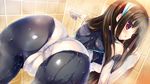  1girl ass bath black_hair blush bodysuit cameltoe game_cg hoshi_no_ne_sanctuary long_hair looking_back marmalade marmalade_(company) naruse_hirofumi pussy red_eyes see-through shinryouji_hisui skin_tight skintight solo wet 