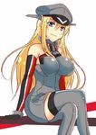  anchor arm_support bare_shoulders bismarck_(kantai_collection) blonde_hair blue_eyes breasts crossed_arms dress elbow_gloves fuuku_(cherrymixer) gloves grey_dress grey_legwear hat kantai_collection large_breasts long_hair looking_at_viewer peaked_cap smile solo 
