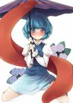  blue_eyes blue_hair blush flower heterochromia hydrangea juliet_sleeves karakasa_obake long_sleeves puffy_sleeves red_eyes short_hair skirt solo tanyatonya tatara_kogasa tearing_up tears tongue touhou umbrella 