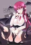  bad_id bad_pixiv_id bat_wings black_legwear blush breasts demon_tail garter_straps gisyo head_wings highres koakuma large_breasts long_hair pen red_eyes red_hair smile solo spread_legs tail thighhighs torn_clothes torn_legwear touhou wings 