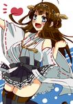  :d ahoge aqua_eyes bare_shoulders black_legwear brown_hair detached_sleeves frilled_skirt frills fuuku_(cherrymixer) hair_bun hairband heart japanese_clothes kantai_collection kongou_(kantai_collection) lace lace-trimmed_thighhighs looking_at_viewer nontraditional_miko open_mouth pleated_skirt skirt smile solo thighhighs zettai_ryouiki 
