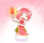  bandages bikuseno bun_cover burning burning_hand chain chibi chinese_clothes cuffs double_bun fire flower ibaraki_kasen open_mouth pink_background pink_hair rose short_hair shouting skirt solo tabard touhou 