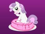  back_turned blush cake cub equine female food friendship_is_magic fur green_eyes hair hi_res hooves horn horse icing looking_at_viewer looking_back mammal my_little_pony paddercat pony sitting smile solo sweetie_belle_(mlp) two_tone_hair unicorn white_fur young 