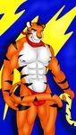  anthro biceps big_muscles blue_nipples blue_nose bulge cat feline hunterramirez looking_at_viewer male mammal muscles nipples one_eye_closed pecs smile solo speedo standing strypes swimsuit thong tiger tony_the_tiger topless wink 