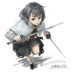  alternate_weapon belt black_skirt capelet dual_wielding full_body grey_hair highres holding itani_senka nazrin no_animal_ears rapier running short_hair skirt solo sword touhou weapon white_background 