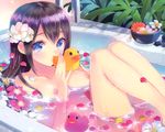  barefoot bath bathtub black_hair blue_eyes breasts flowers kasukabe_akira long_hair nipples nude original petals possible_duplicate water wet 