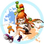  bike_shorts domino_mask flat_chest hide448 highres ink_tank_(splatoon) inkling long_hair mask orange_eyes orange_hair pointy_ears shirt shoes short_hair_with_long_locks sidelocks slime sneakers solo splatoon_(series) splatoon_1 splattershot_(splatoon) squid super_soaker t-shirt tentacle_hair 