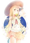  bangs bare_shoulders benio_(dontsugel) blonde_hair blunt_bangs blush buttons dress food fruit hand_in_hair hat highres long_hair mouth_hold orange original pleated_skirt scrunchie skirt solo strap_slip straw_hat sweat yellow_eyes 