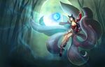  ahri_(league_of_legends) black_hair breasts cleavage forest foxgirl league_of_legends long_hair moon multiple_tails tail tree yellow_eyes 