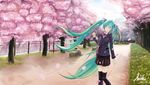  aqua_eyes aqua_hair bow cherry_blossoms hatsune_miku long_hair moki petals seifuku skirt tree vocaloid 