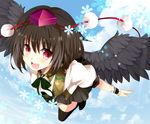  blue clouds jpeg_artifacts leaves red_eyes shameimaru_aya sky touhou wings yurichi 