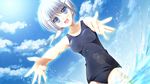  blue_eyes blush clouds erect_nipples game_cg gray_hair misora purple_software school_swimsuit shiawase_kazokubu swimsuit water yuuki_makoto 