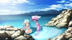  aqua_eyes blue_hair bow breasts cleavage game_cg kyonyuu_fantasy_2 long_hair mermaid nipples no_bra roruria waffle water wet 