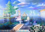  blonde_hair building clouds dress flowers goggles gun leaves original petals ribbons ruins tomok1 tree twintails water weapon 