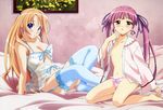  2girls blue_eyes blush carina_verritti minette no_bra open_shirt see_through shukufuku_no_campanella stockings thighhighs 