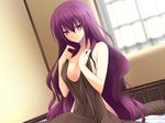  bed breasts cleavage long_hair purple_eyes purple_hair tagme zinno 