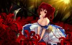  breasts cait cleavage dress flowers onozuka_komachi red_eyes red_hair short_hair touhou twintails 