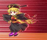  1girl ahoge black_dress black_hat blonde_hair dress floating_hair full_body hat junko_(touhou) long_hair long_sleeves outstretched_arms pink_footwear pote_(ptkan) red_background red_eyes roller_skates sash skates sleeves_past_wrists smile solo speed_lines touhou wide_sleeves 
