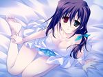  bed bicolored_eyes blush bra breasts cleavage game_cg green_eyes hanasaki_uri harukazedori_ni_tomarigi_wo_2nd_story nipples panties purple_hair red_eyes short_hair underwear 