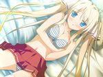  bed blonde_hair blue_eyes blush erect_nipples hisakaki_komomo hoshizora_no_memoria long_hair navel panties skirt striped_panties underwear 