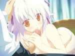  blush censored cum fellatio game_cg hoshizora_no_memoria orange_eyes ototsu_yume panties penis ribbons shida_kazuhiro short_hair topless underwear white_hair 