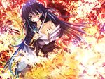  amafuki_setsuka blood blue_hair breasts cleavage fire game_cg green_eyes hanafubuki japanese_clothes knife 