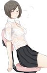  bangs black_hair black_skirt blush bob_cut bra brown_eyes chair looking_back office_chair ogros original patterned pleated_skirt see-through shirt short_hair simple_background sitting skirt sly solo sweat swept_bangs underwear wet wet_clothes white_background white_bra white_shirt 