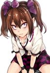  armband bags_under_eyes bow breasts brown_hair checkered checkered_background hair_bow hat hata-tan himekaidou_hatate looking_up loose_necktie necktie open_clothes open_shirt pointy_ears purple_eyes shirt sitting small_breasts solo tokin_hat touhou twintails wrist_cuffs yukinojou_yakan 