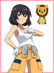  black_hair commentary emblem girls_und_panzer gloves green_eyes grin hand_on_hip highres hoshino_(girls_und_panzer) jumpsuit leopon_(animal) looking_at_viewer oonishi_shunsuke short_hair smile solo standing sweat tank_top 