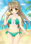  beach bikini blush bow breasts brown_eyes brown_hair cleavage cloud day food frilled_bikini frills front-tie_top green_bikini hair_bow long_hair looking_at_viewer love_live! love_live!_school_idol_project medium_breasts meruko_(meltea_cat) minami_kotori navel open_mouth outdoors palm_tree popsicle revision side-tie_bikini sky smile solo swimsuit thigh_gap topknot tree 