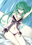  7a61 absurdres arm_up babydoll bad_id bad_pixiv_id blush breasts cleavage date_a_live green_eyes green_hair highres large_breasts lingerie long_hair looking_at_viewer natsumi_(date_a_live) panties side-tie_panties sitting smile solo strap_slip underwear very_long_hair 
