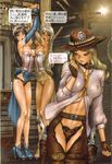  blonde_hair boots breasts covered_nipples cowboy_boots cowboy_hat gun hat highres juliona_trans large_breasts long_hair medium_breasts multiple_girls navel nipple_slip nipples open_mouth shirou_masamune translation_request weapon western wild_wet_west 